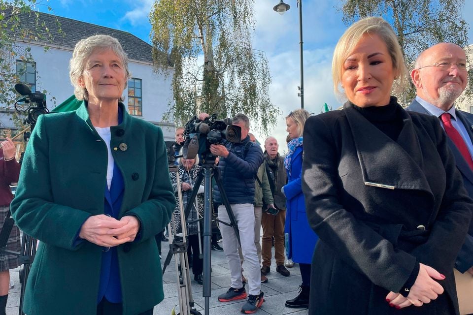 Incoming Irish President Catherine Connolly with Sinn Féin vice president Michelle O'Neill at a rally in Monaghan town, during campaigning for the Irish presidential election on Wednesday. Pic: Noel Sweeney/PA Wire